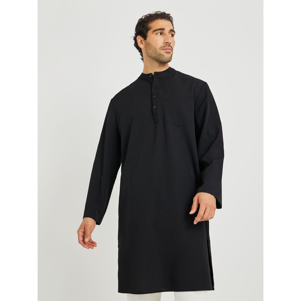 Styli Men Black Solid Stand Collar Long Sleeve Thobe-men-clothing-shirts-image-1