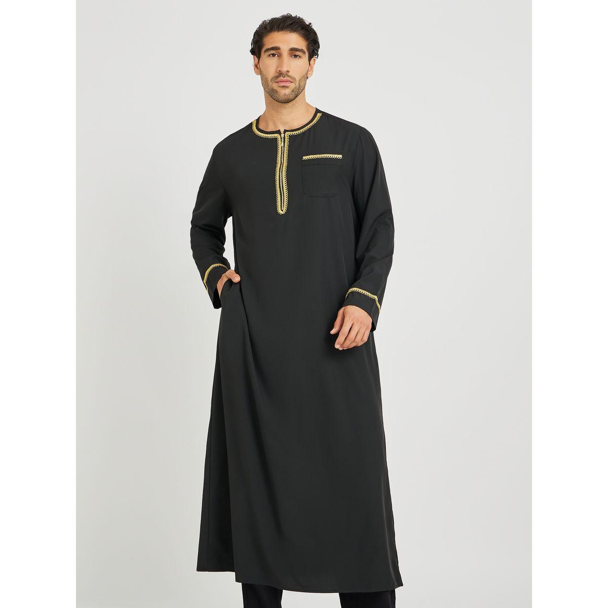 Styli Men Lace Detail Long Sleeve Round Neck Thobe-men-clothing-shirts-image-1