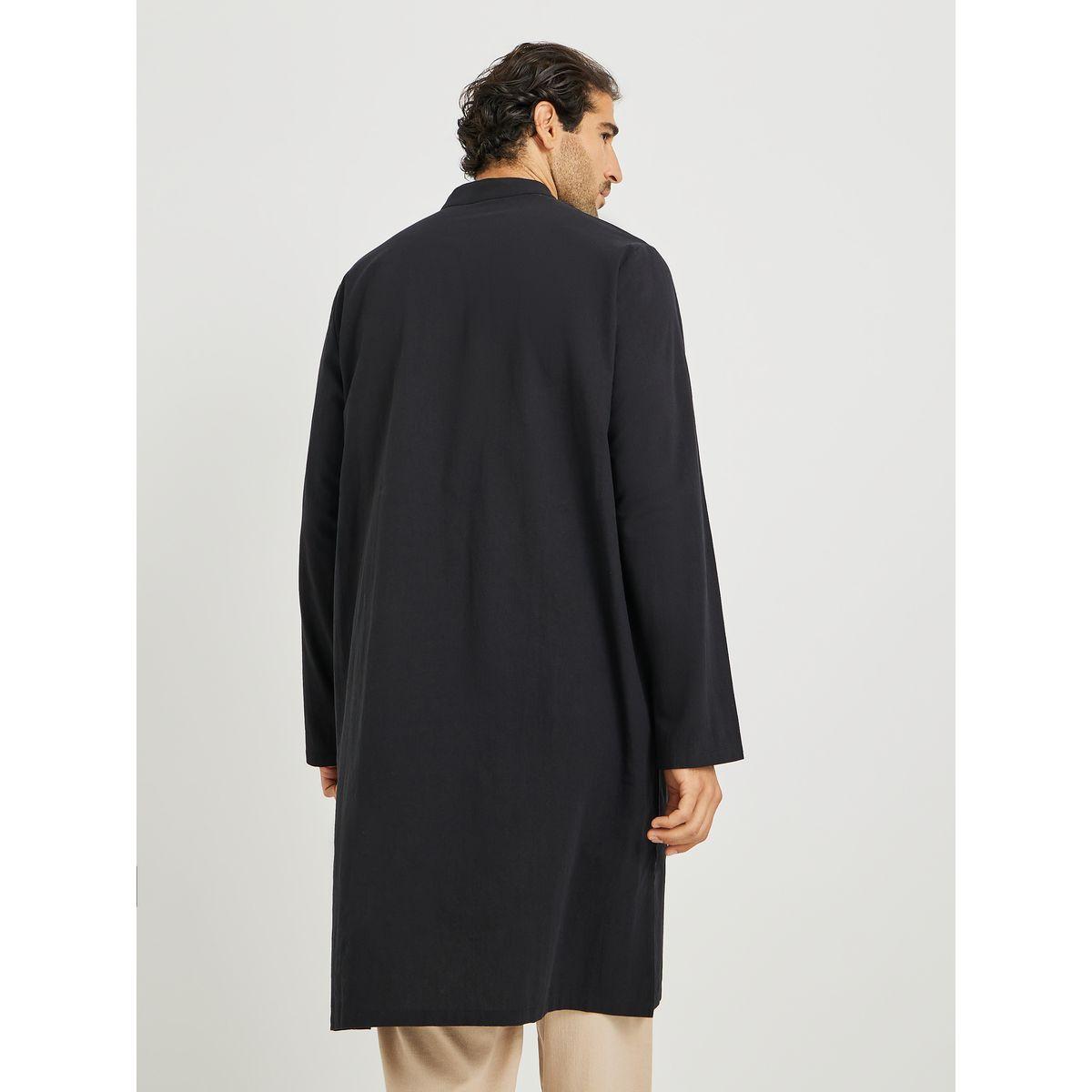 Styli Men Black Sequin Detail Button Front Long Sleeve Thobe-men-clothing-shirts-image-4