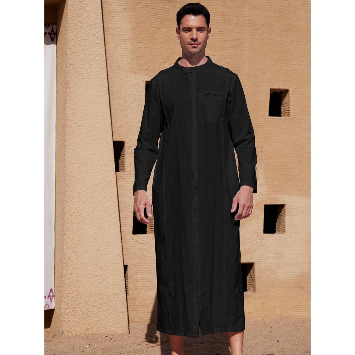 Styli Long Sleeve Stand Collar Button Up Robe-men-clothing-shirts-image-1