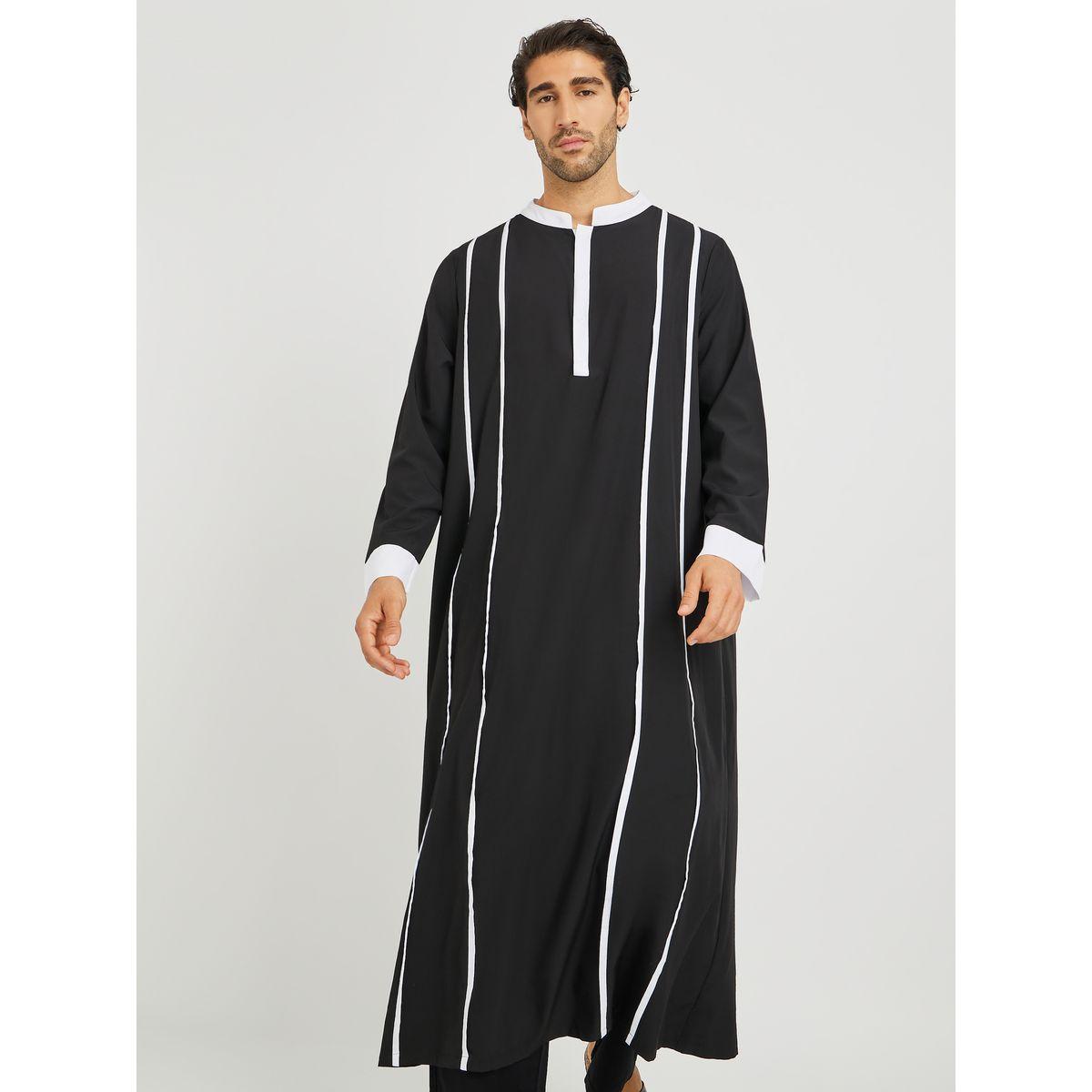 Styli Black Striped Stand Collar Long Sleeve Thobe-men-clothing-shirts-image-1