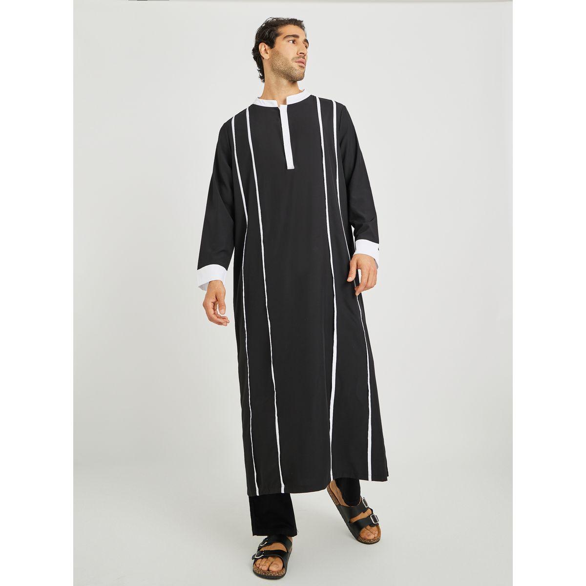 Styli Black Striped Stand Collar Long Sleeve Thobe-men-clothing-shirts-image-2