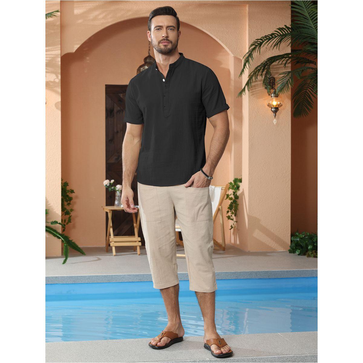 Styli Solid Mandarin Collar Short Sleeve T-Shirt-men-clothing-shirts-image-1