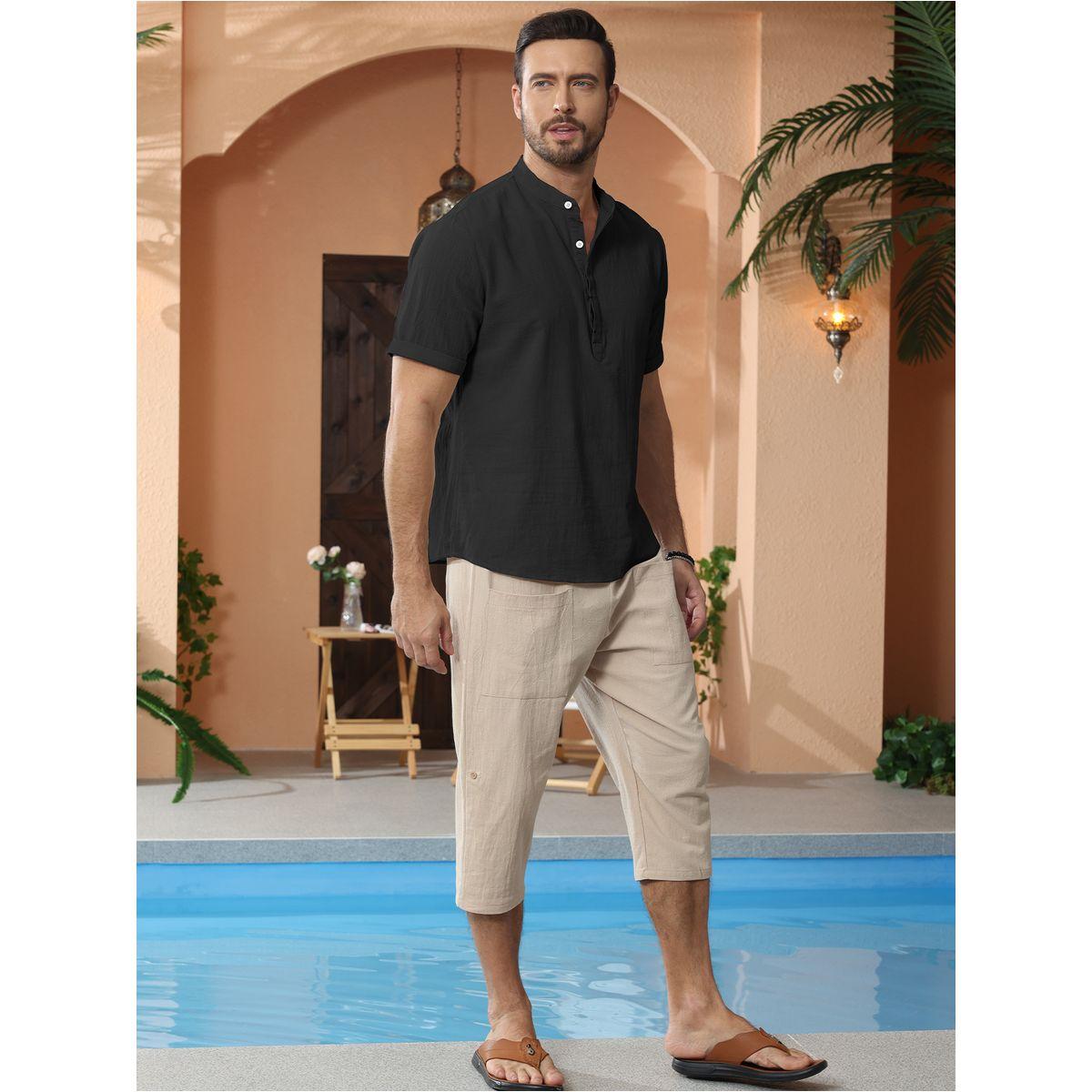 تيشيرت سادة بياقة ماندارين وأكمام قصيرة-men-clothing-shirts-image-2