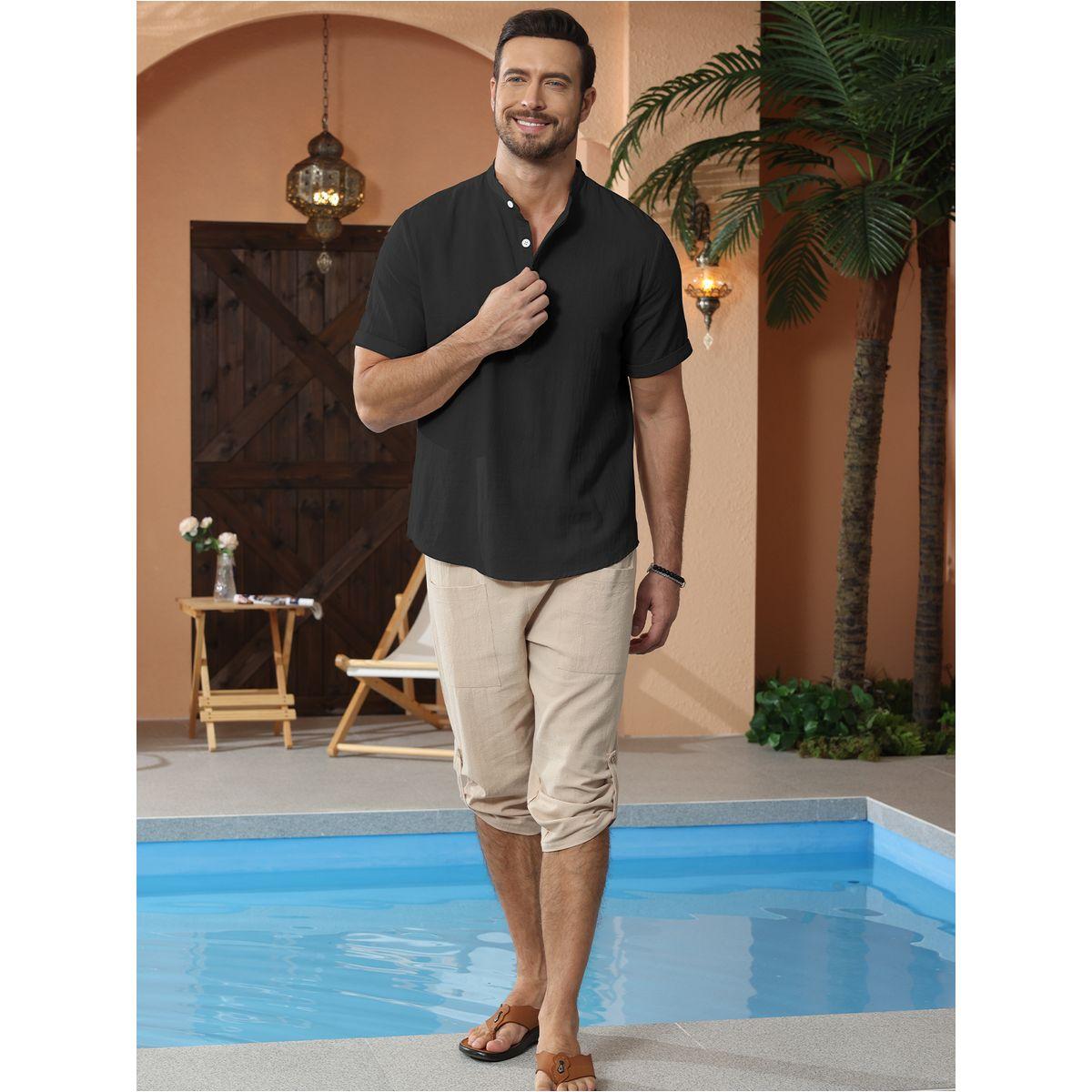 تيشيرت سادة بياقة ماندارين وأكمام قصيرة-men-clothing-shirts-image-3