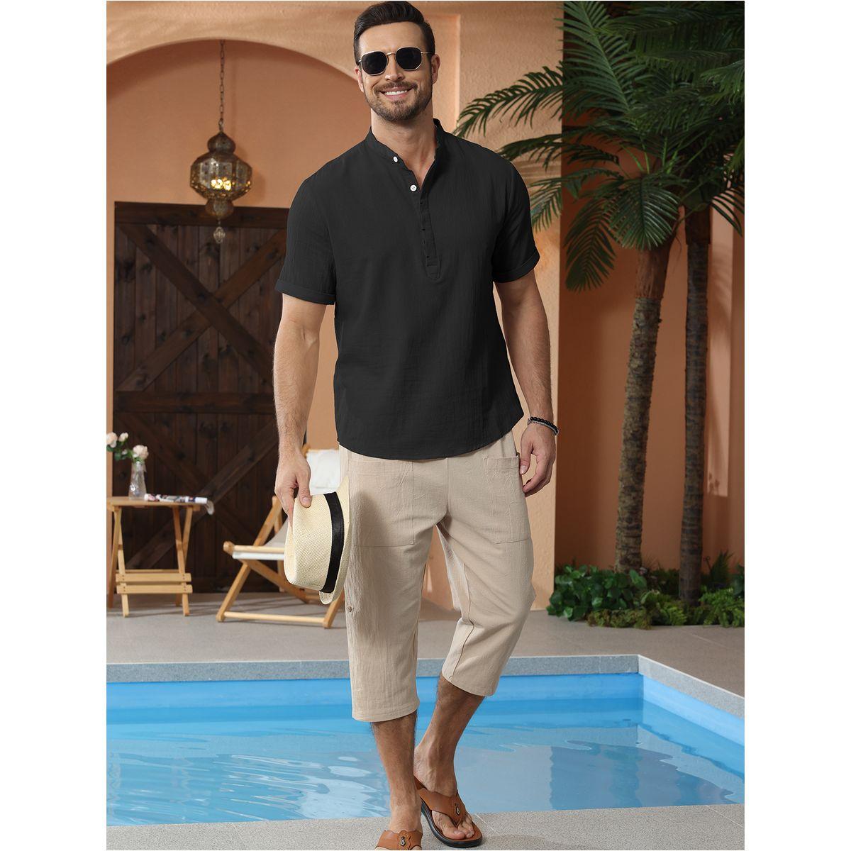 Styli Solid Mandarin Collar Short Sleeve T-Shirt-men-clothing-shirts-image-4