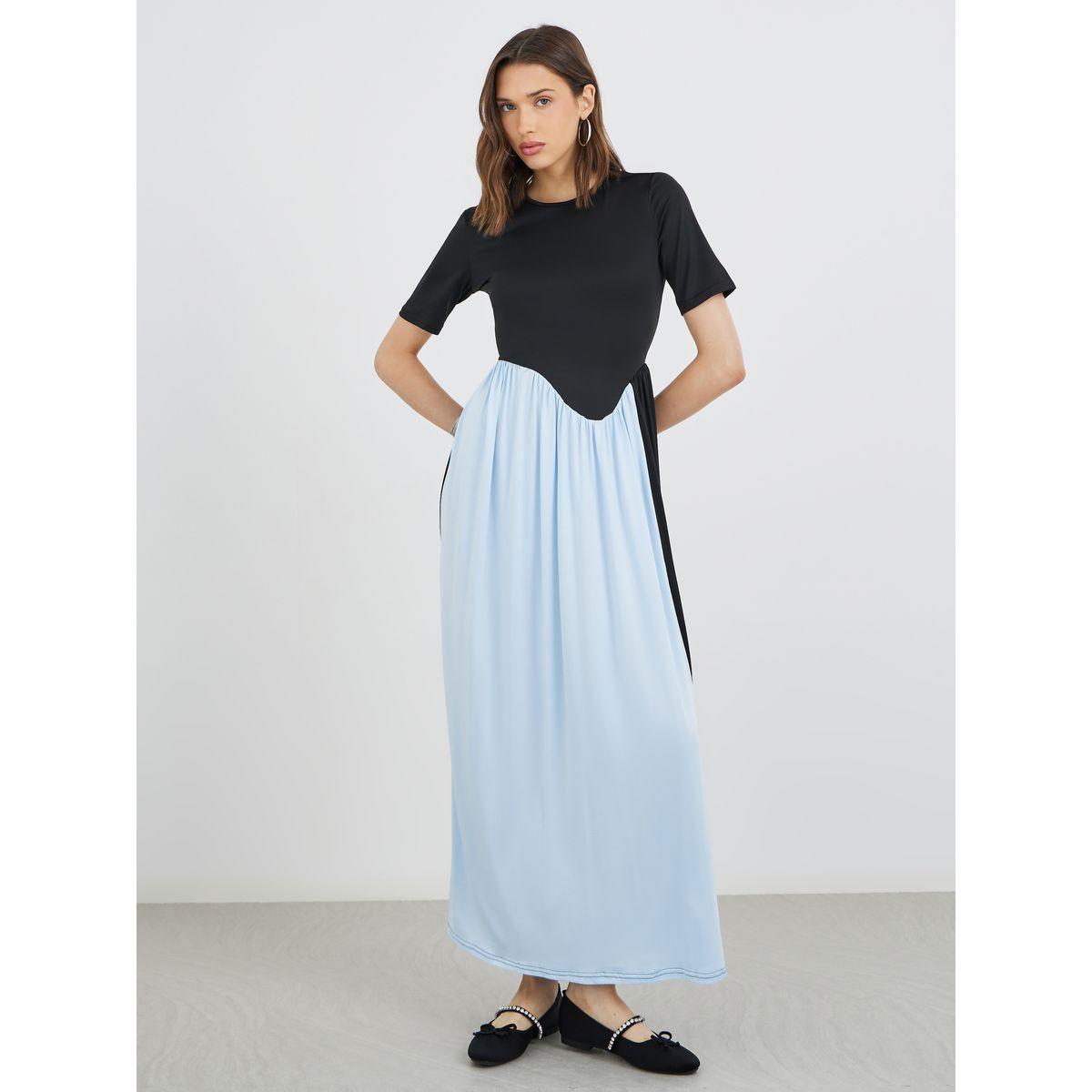 Styli Color Block Short Sleeve Round Neck Maxi Dress-women-clothing-dresses-image-1