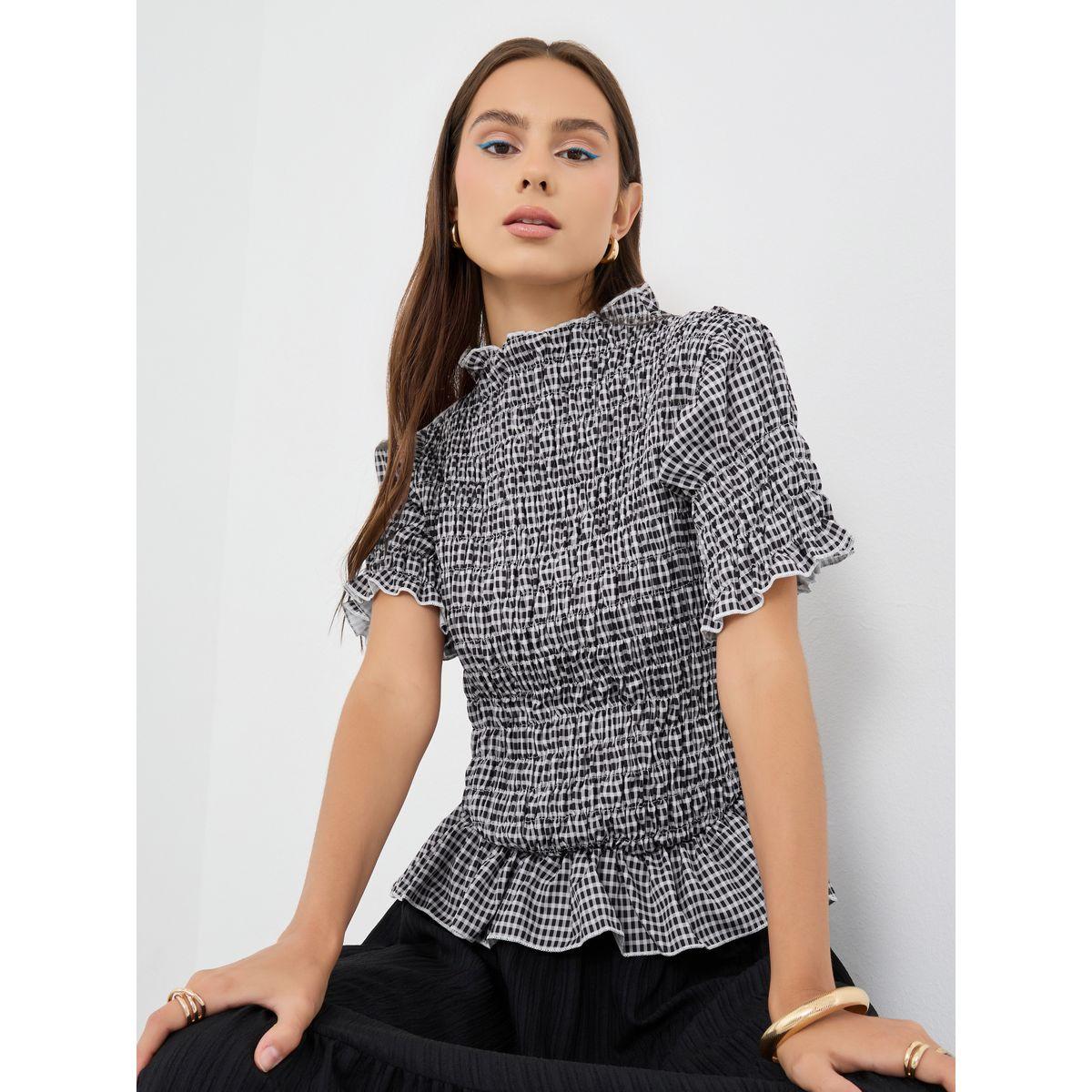 بلوزة بطبعة جينغام مع حافة بكشكش-women-clothing-shirtsandblouses-blouses-image-1