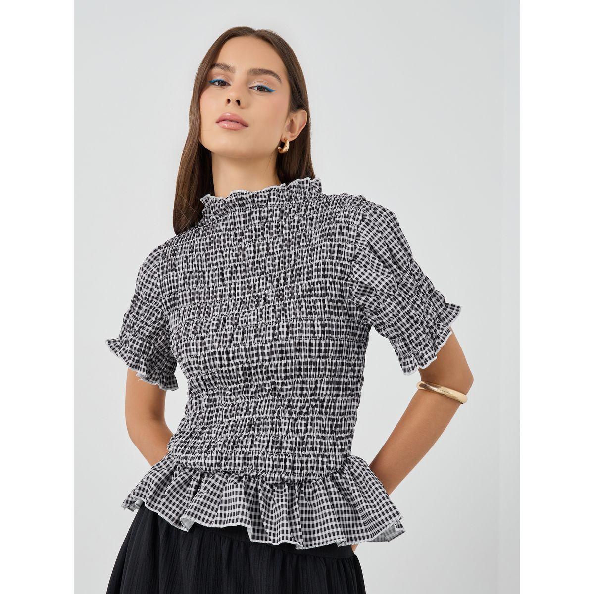 بلوزة بطبعة جينغام مع حافة بكشكش-women-clothing-shirtsandblouses-blouses-image-3