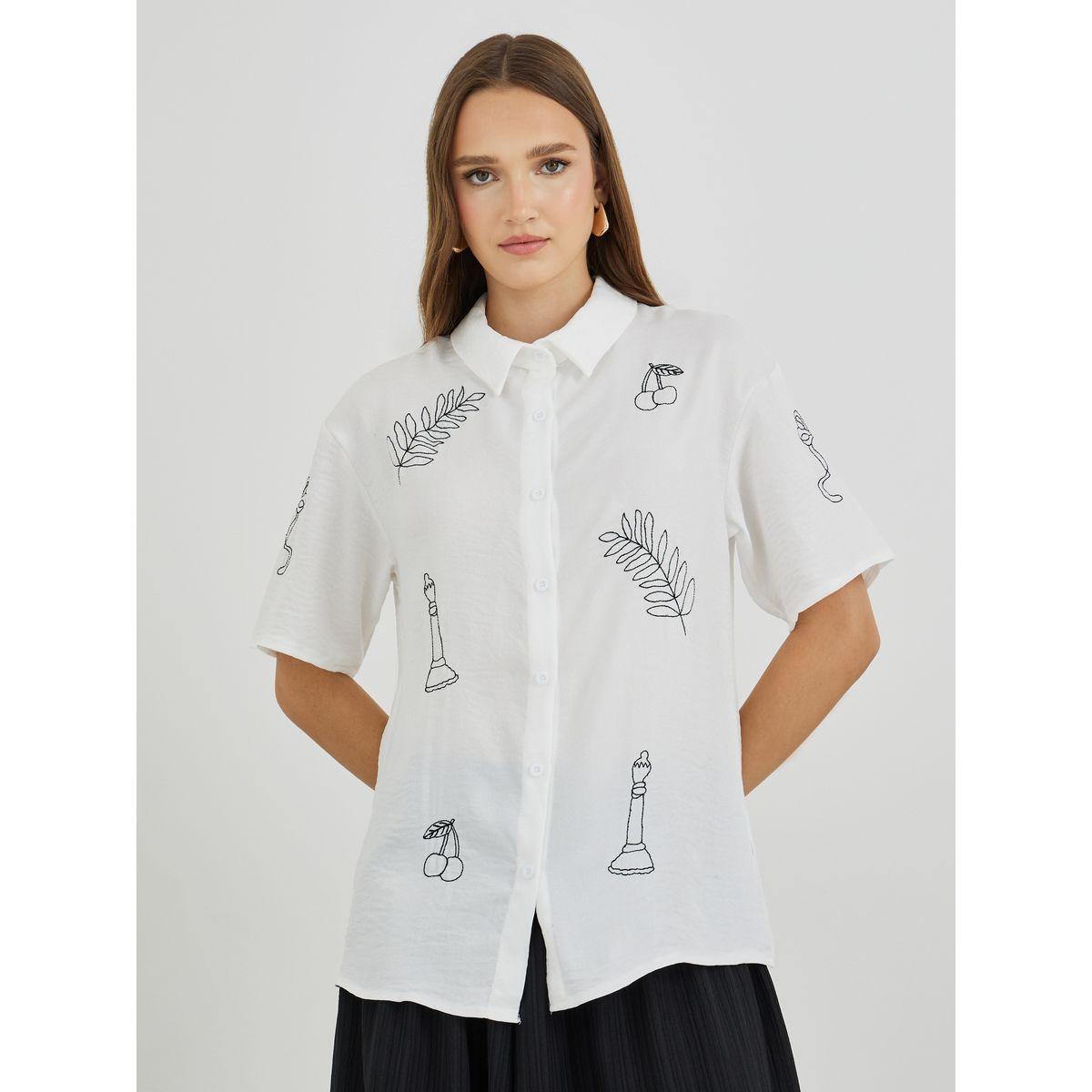 Styli Embroidered Short Sleeve Spread Collar Shirt-women-clothing-shirtsandblouses-shirts-image-1