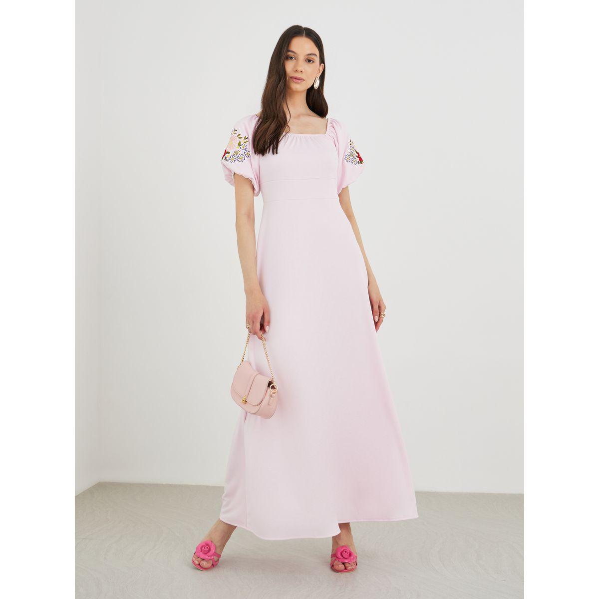 فستان طويل بياقة واسعة وأكمام منفوخة-women-clothing-dresses-image-1
