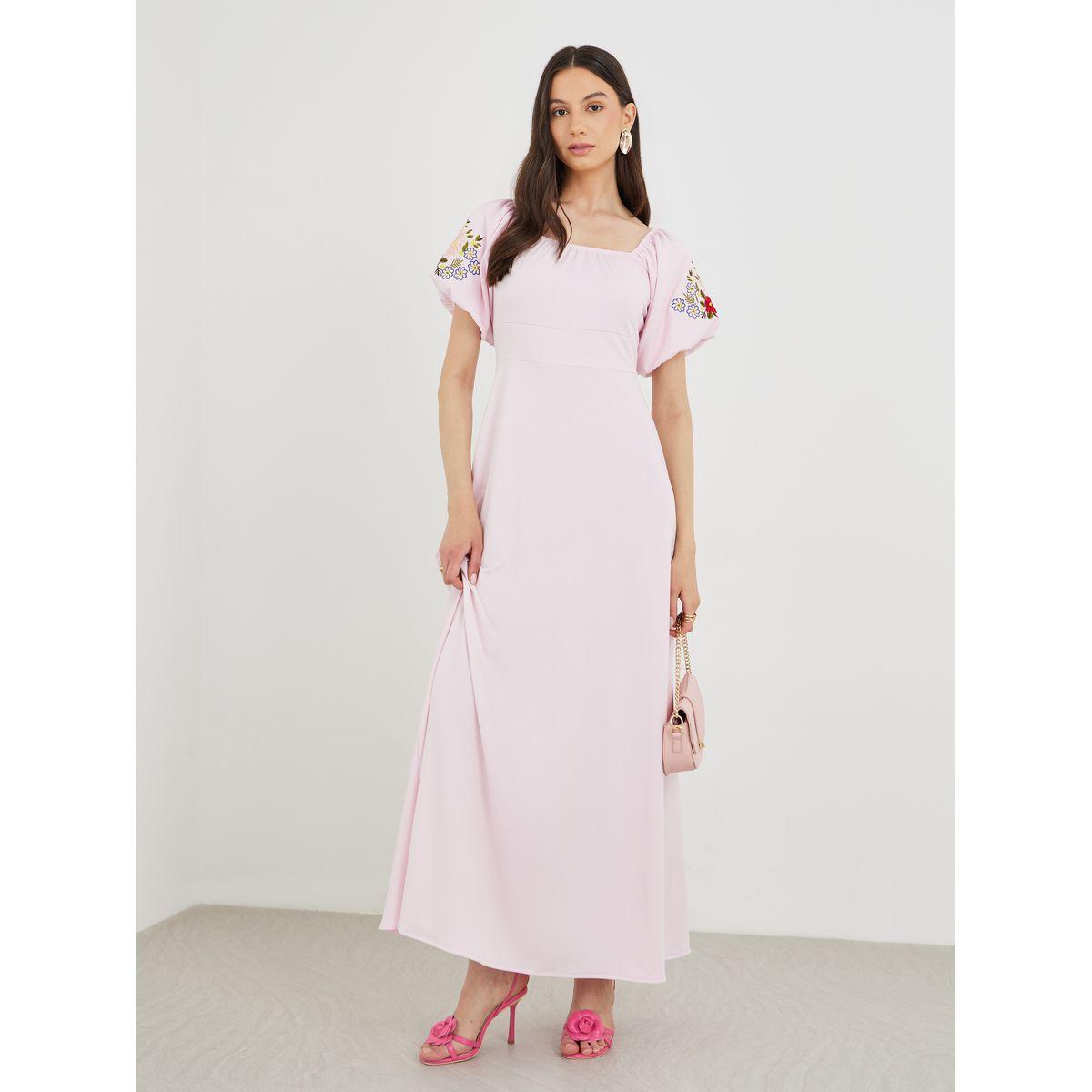 فستان طويل بياقة واسعة وأكمام منفوخة-women-clothing-dresses-image-2