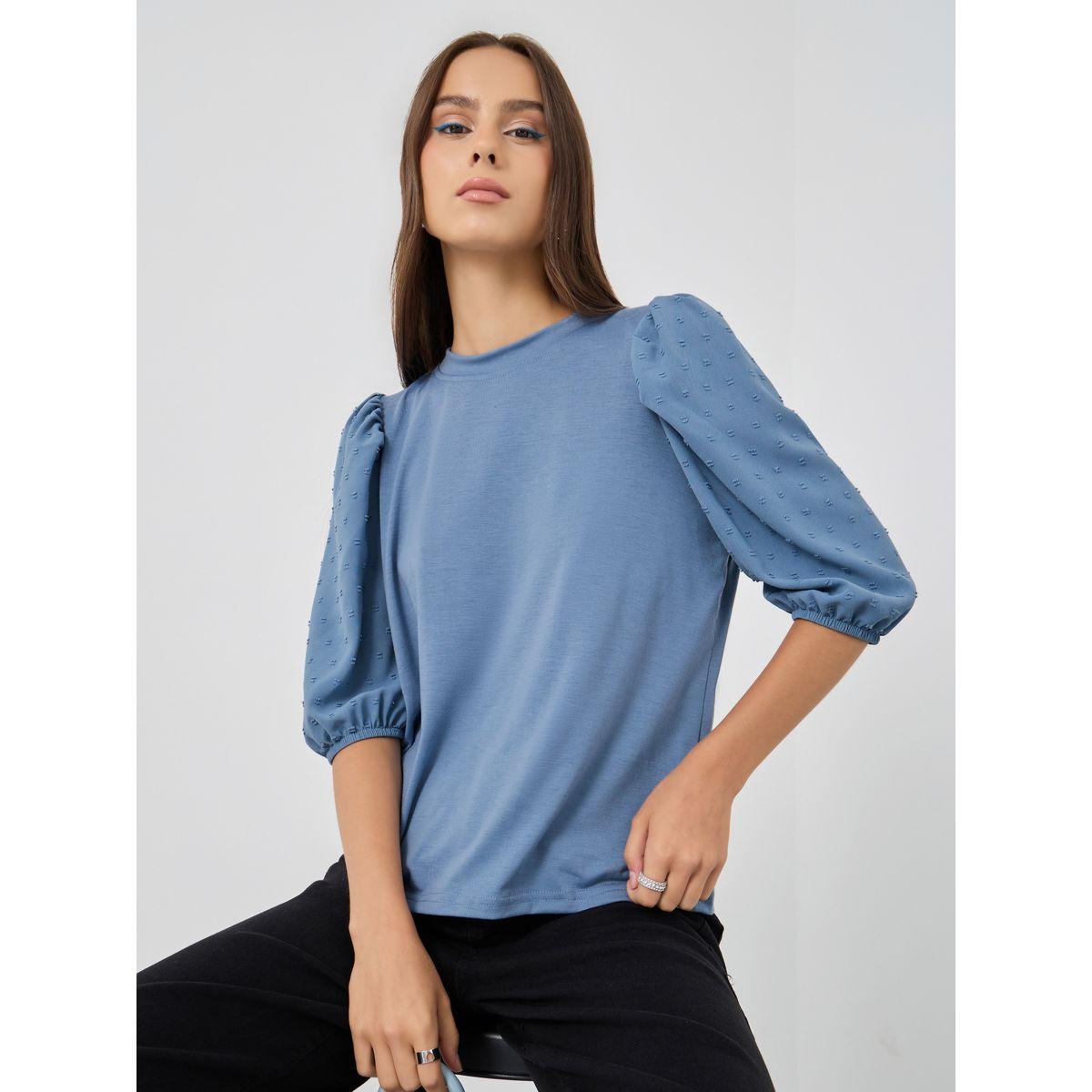 Styli Solid Balloon Sleeve Round Neck Top-women-clothing-shirtsandblouses-blouses-image-1