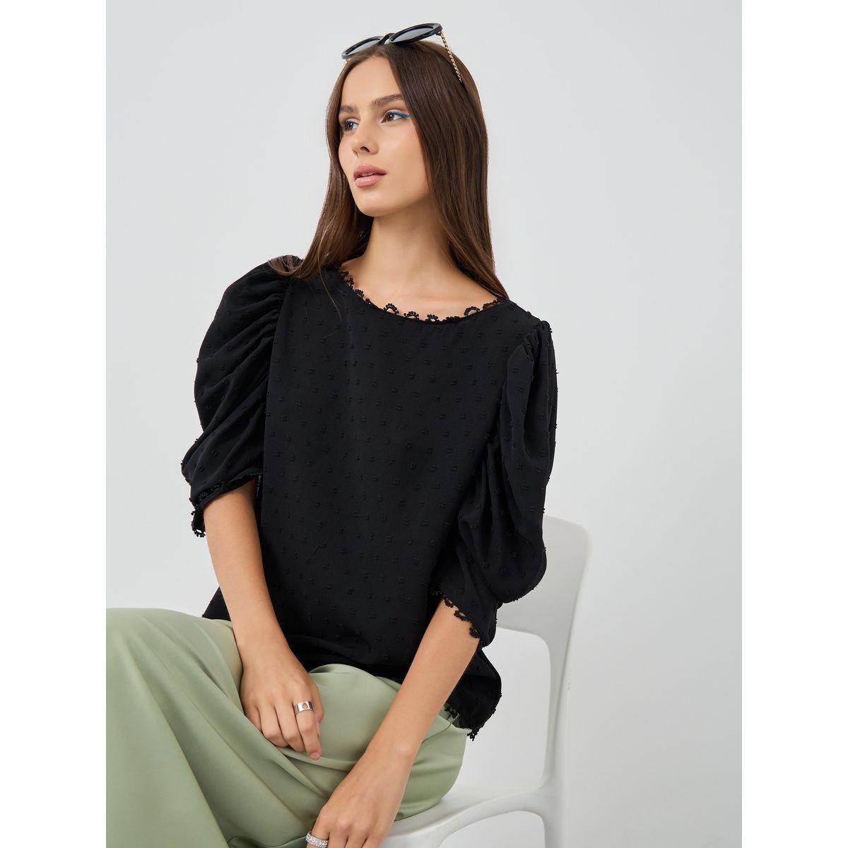 بلوزة سادة بأكمام بالون وتفاصيل دانتيل-women-clothing-shirtsandblouses-blouses-image-1