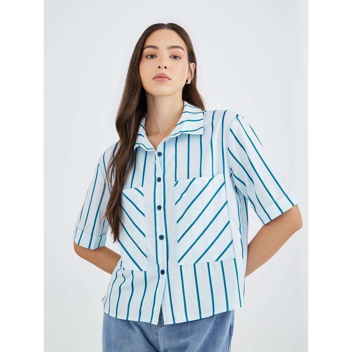 Styli Striped Short Sleeve Oversized Shirt-women-clothing-shirtsandblouses-shirts-image-1