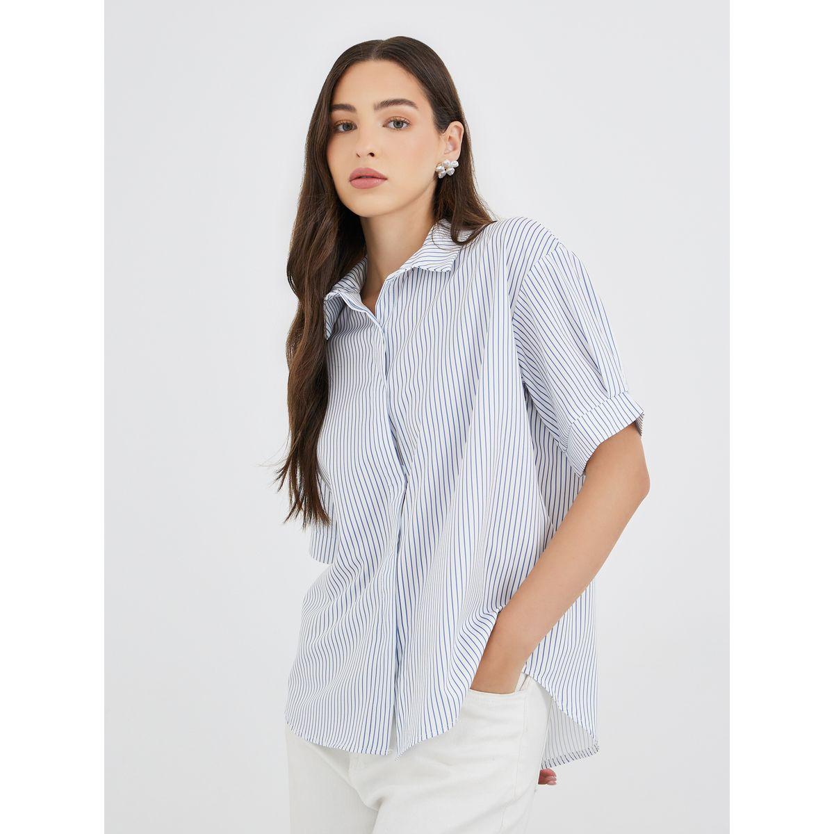 بلوزة فضفاضة مخططة بأكمام قصيرة-women-clothing-shirtsandblouses-shirts-image-1