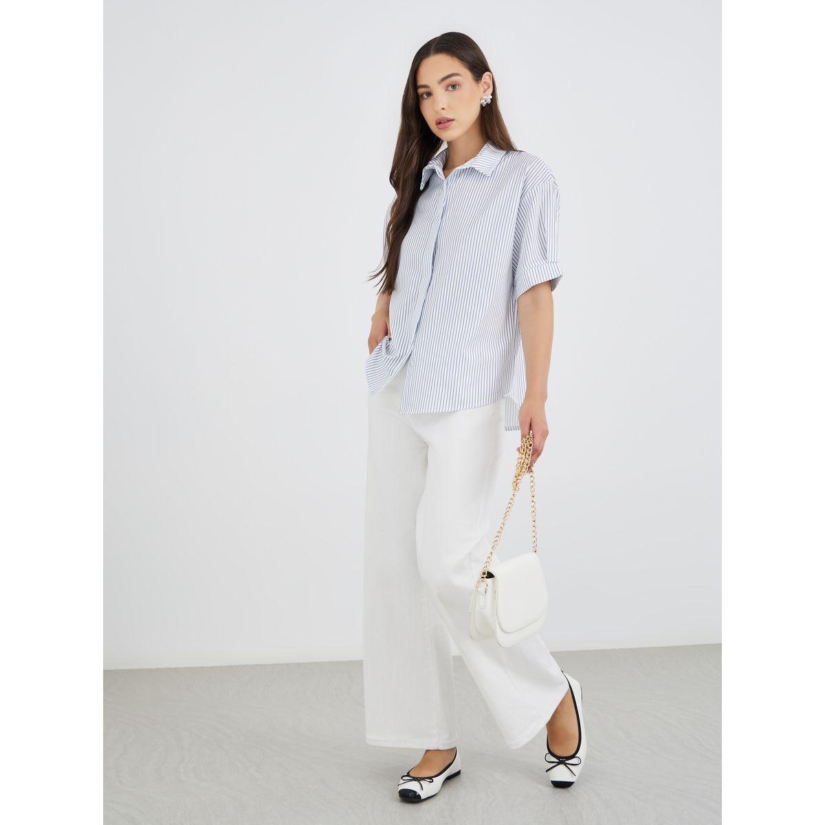 بلوزة فضفاضة مخططة بأكمام قصيرة-women-clothing-shirtsandblouses-shirts-image-2