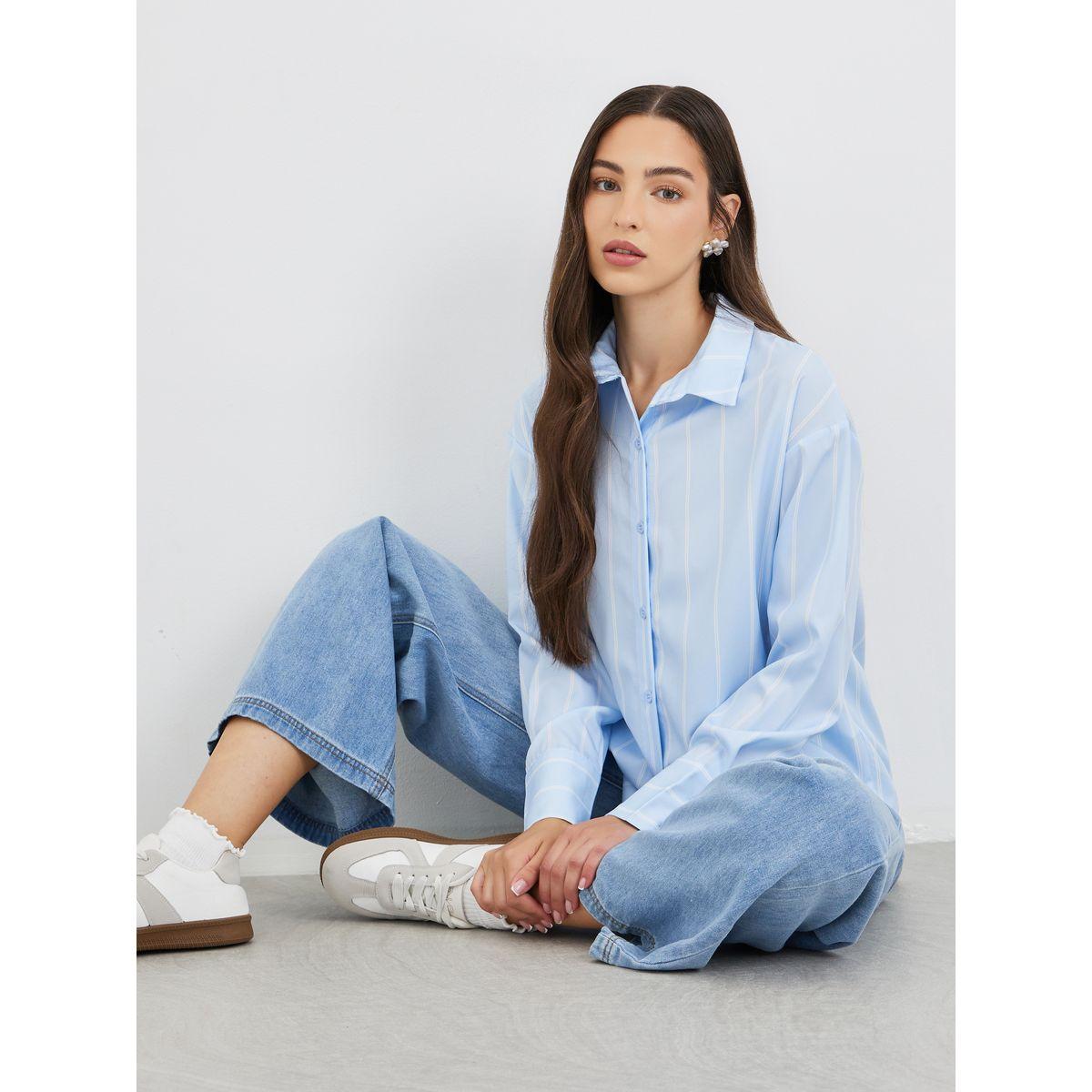 Styli Striped Spread Collar Oversized Shirt-women-clothing-shirtsandblouses-shirts-image-1