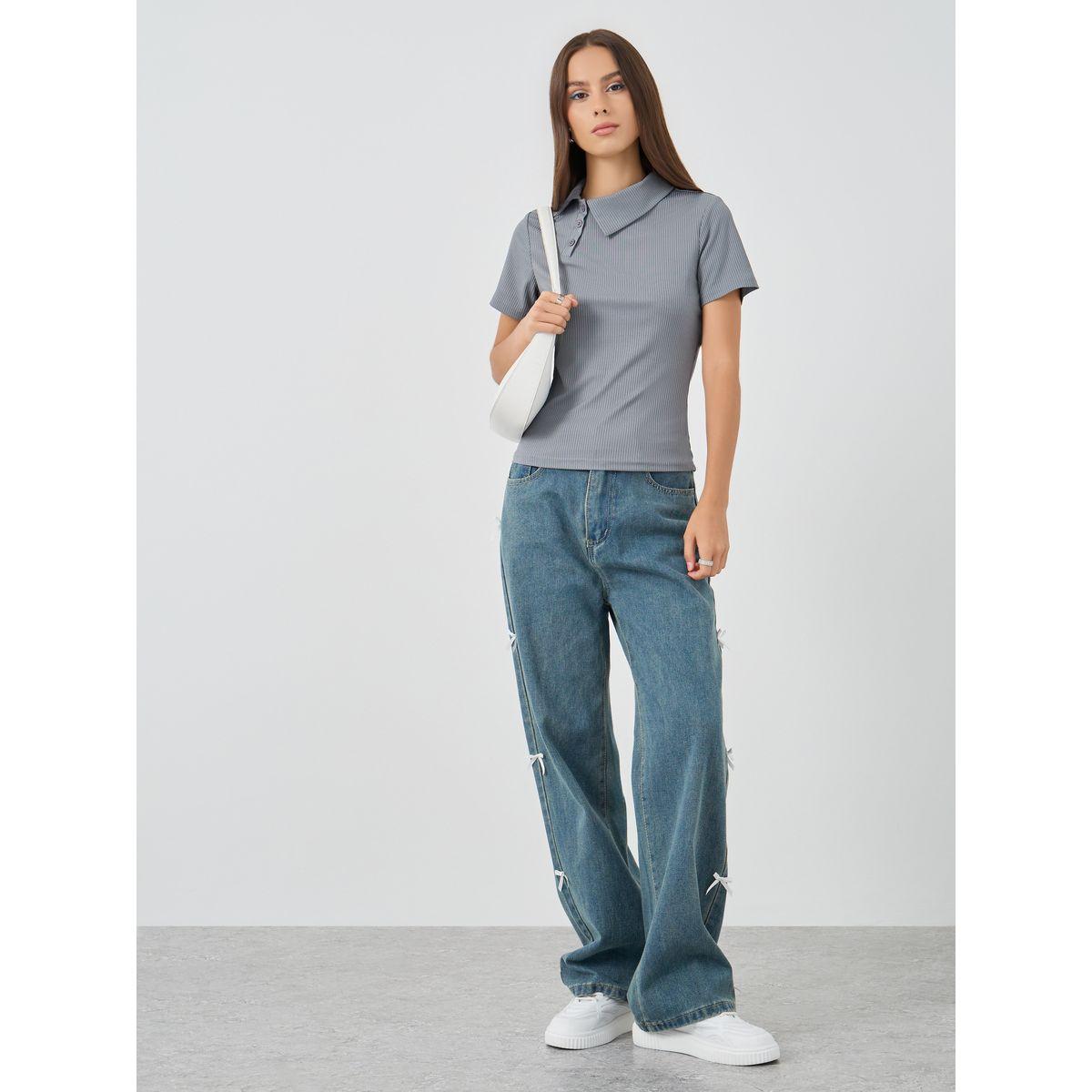 Styli Textured Polo Neck Short Sleeve Top-women-clothing-tshirts-image-2