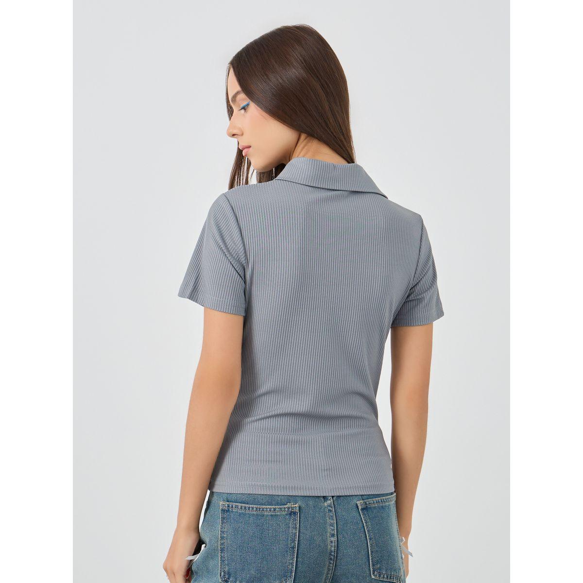 Styli Textured Polo Neck Short Sleeve Top-women-clothing-tshirts-image-4
