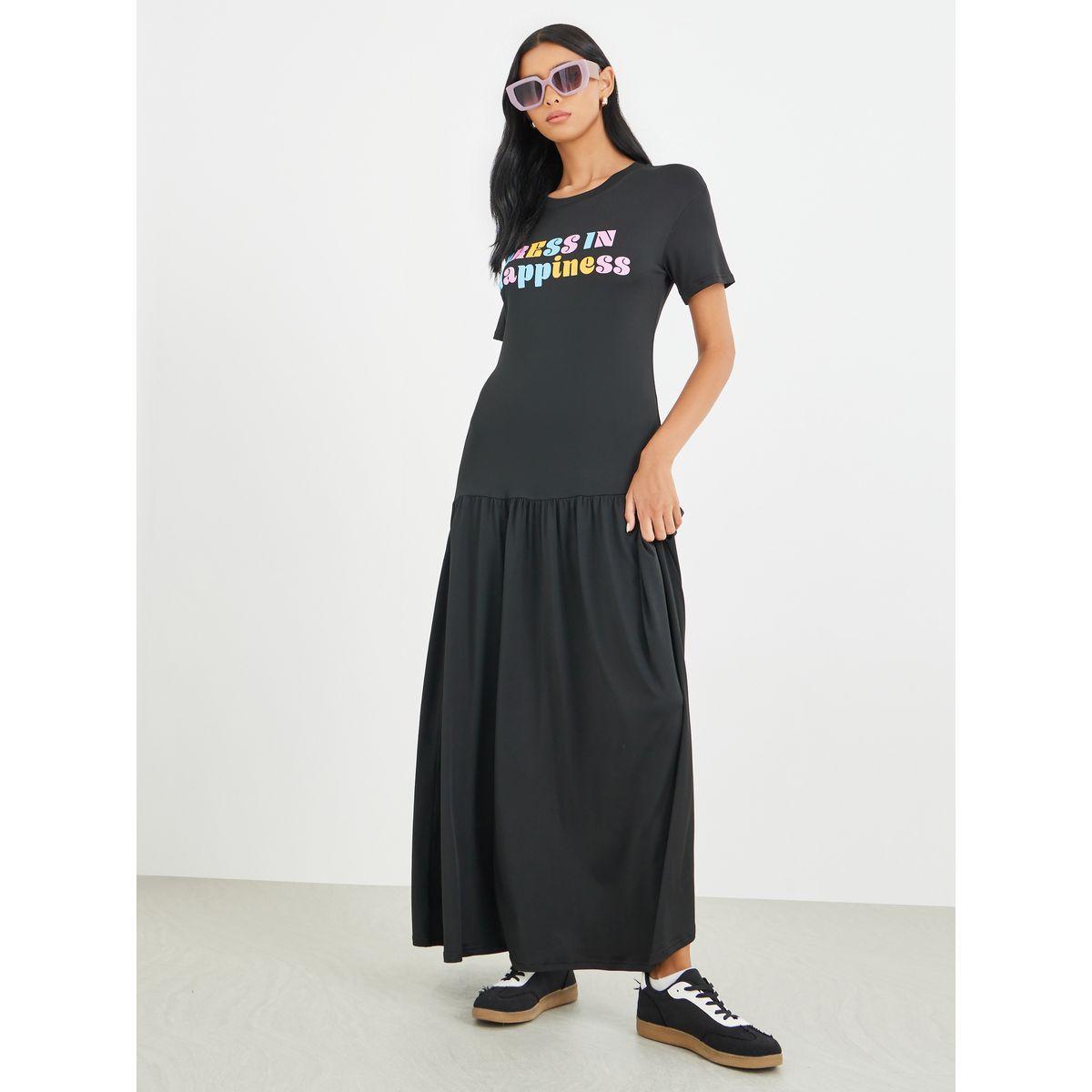 فستان طويل بطبعة كتابة وأكمام قصيرة-women-clothing-dresses-image-2