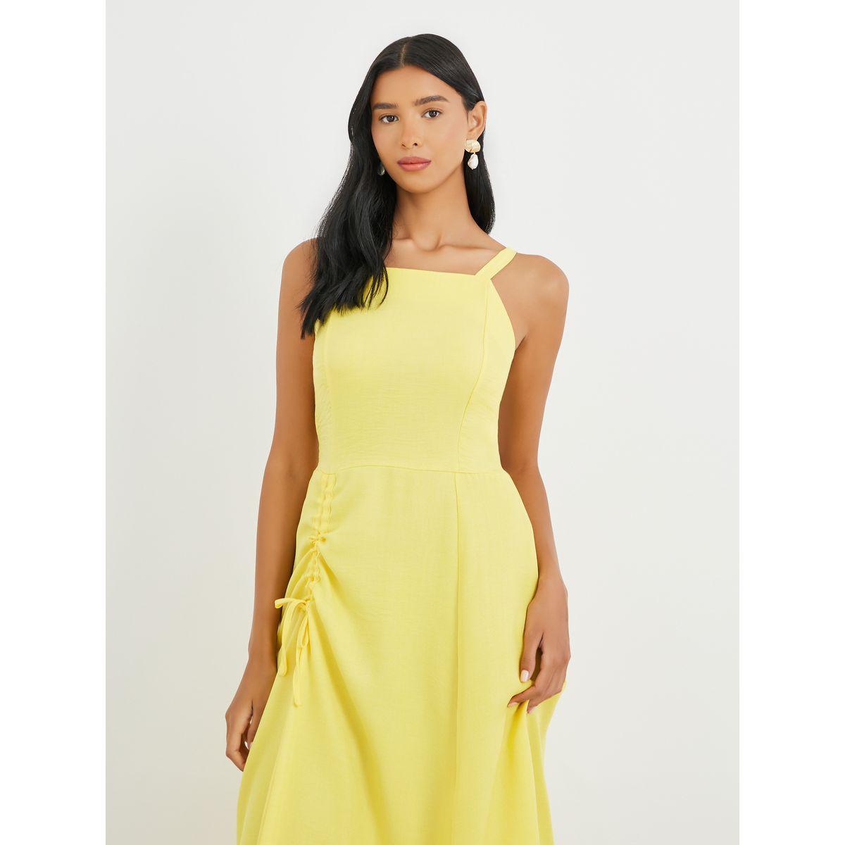 فستان ميدي سادة بلا أكمام مع تفاصيل مزمومة-women-clothing-dresses-image-2