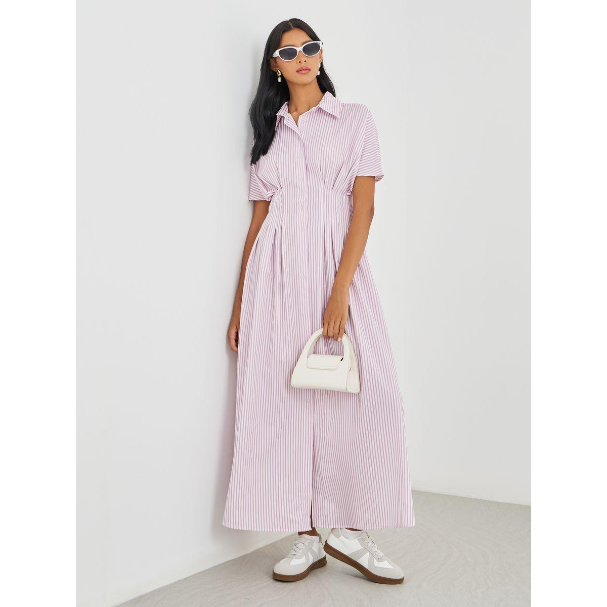 Styli Striped Short Sleeve Pleated Collared Maxi Dress-women-clothing-dresses-image-1