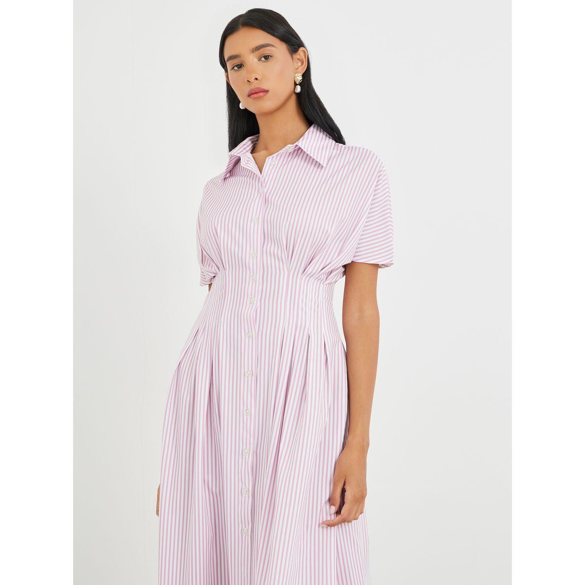 Styli Striped Short Sleeve Pleated Collared Maxi Dress-women-clothing-dresses-image-3