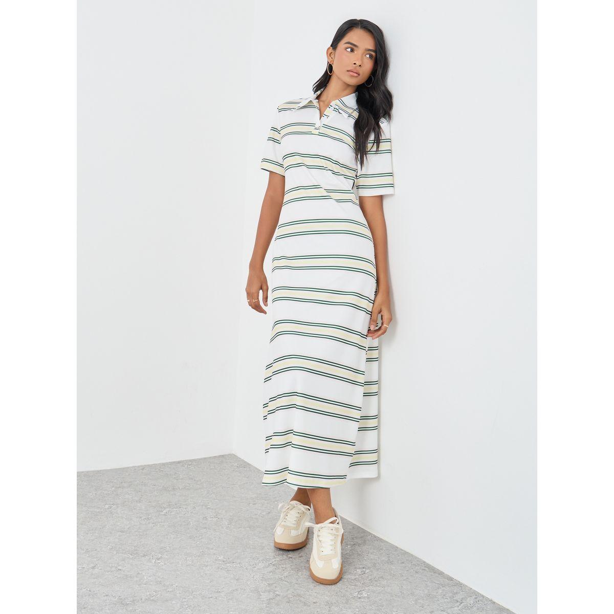 Styli Stripes Short Sleeve Polo Neck Midi Dress-women-clothing-dresses-image-2