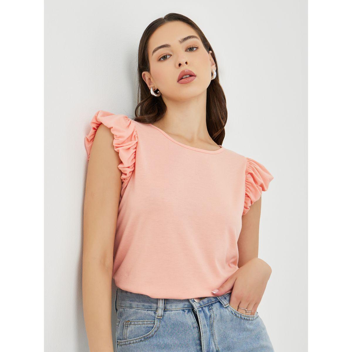تيشيرت سادة بياقة دائرية وأكمام بكشكش-women-clothing-tshirts-image-1