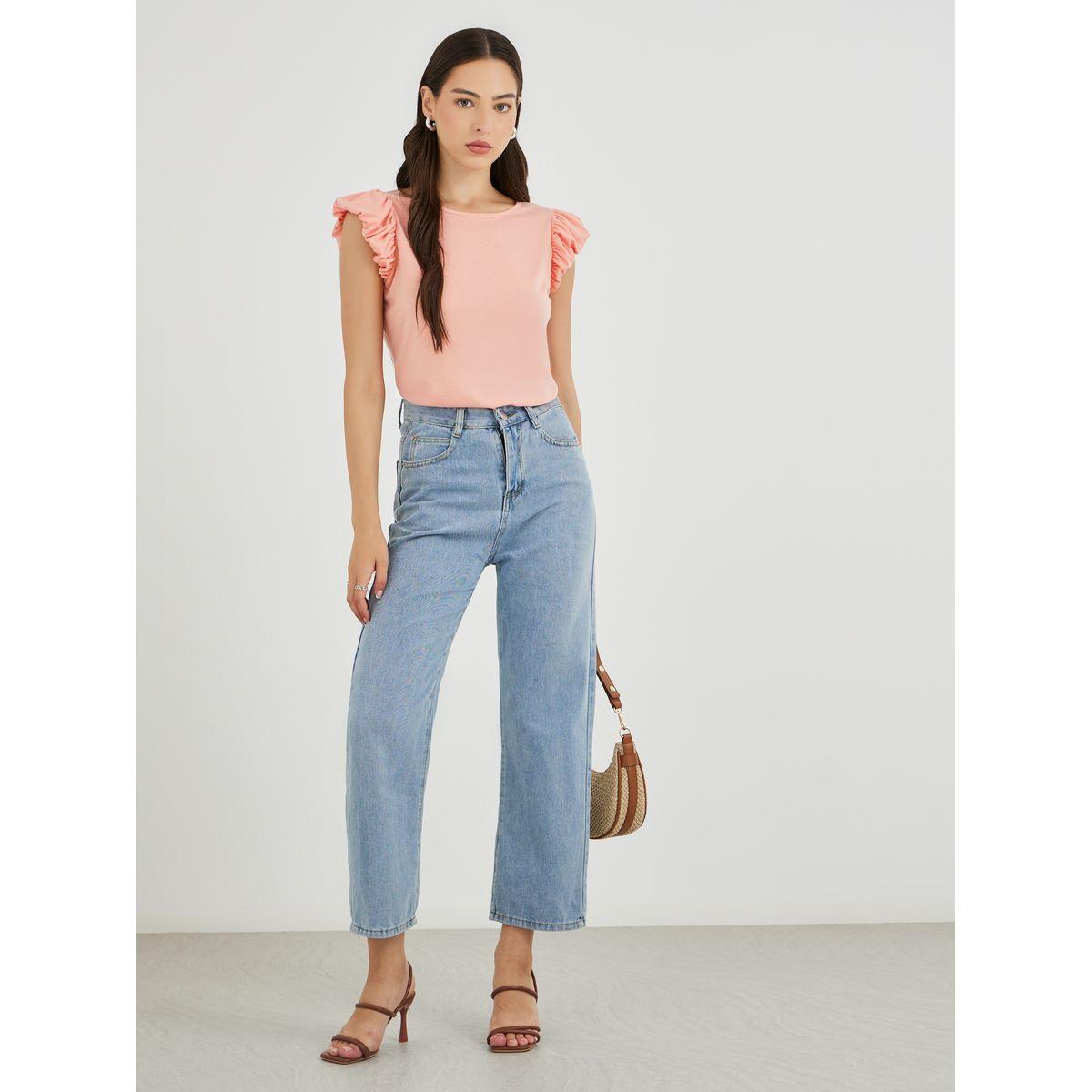 Styli Solid Ruffled Sleeves Round Neck T-Shirt-women-clothing-tshirts-image-2