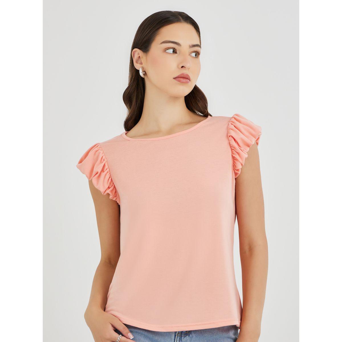 تيشيرت سادة بياقة دائرية وأكمام بكشكش-women-clothing-tshirts-image-3
