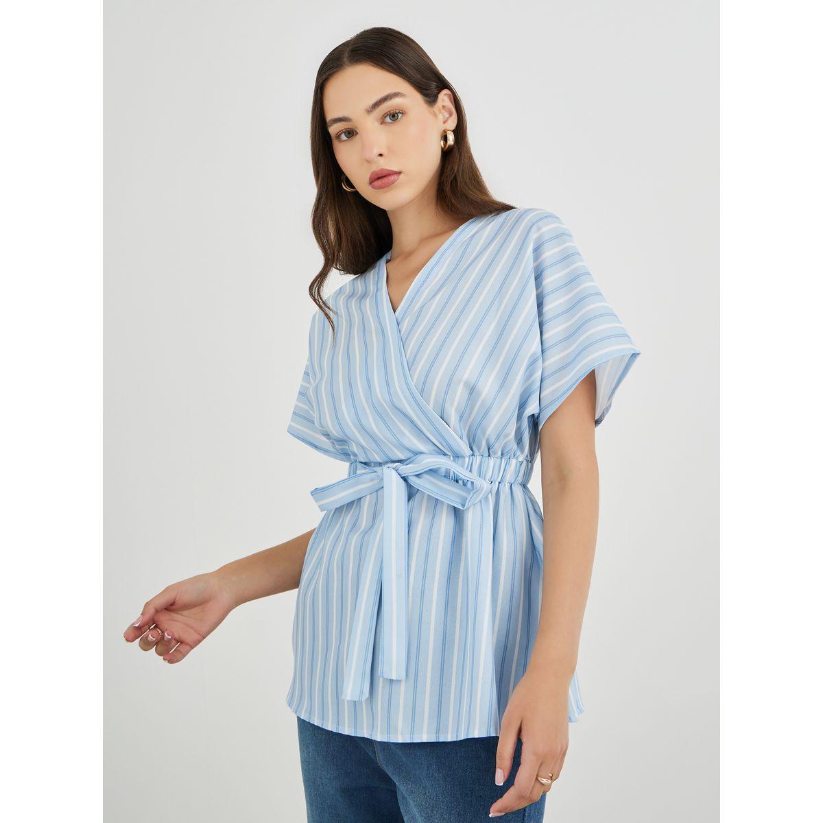 Styli Striped V-Neck Waist Tie Blouse-women-clothing-shirtsandblouses-blouses-image-1