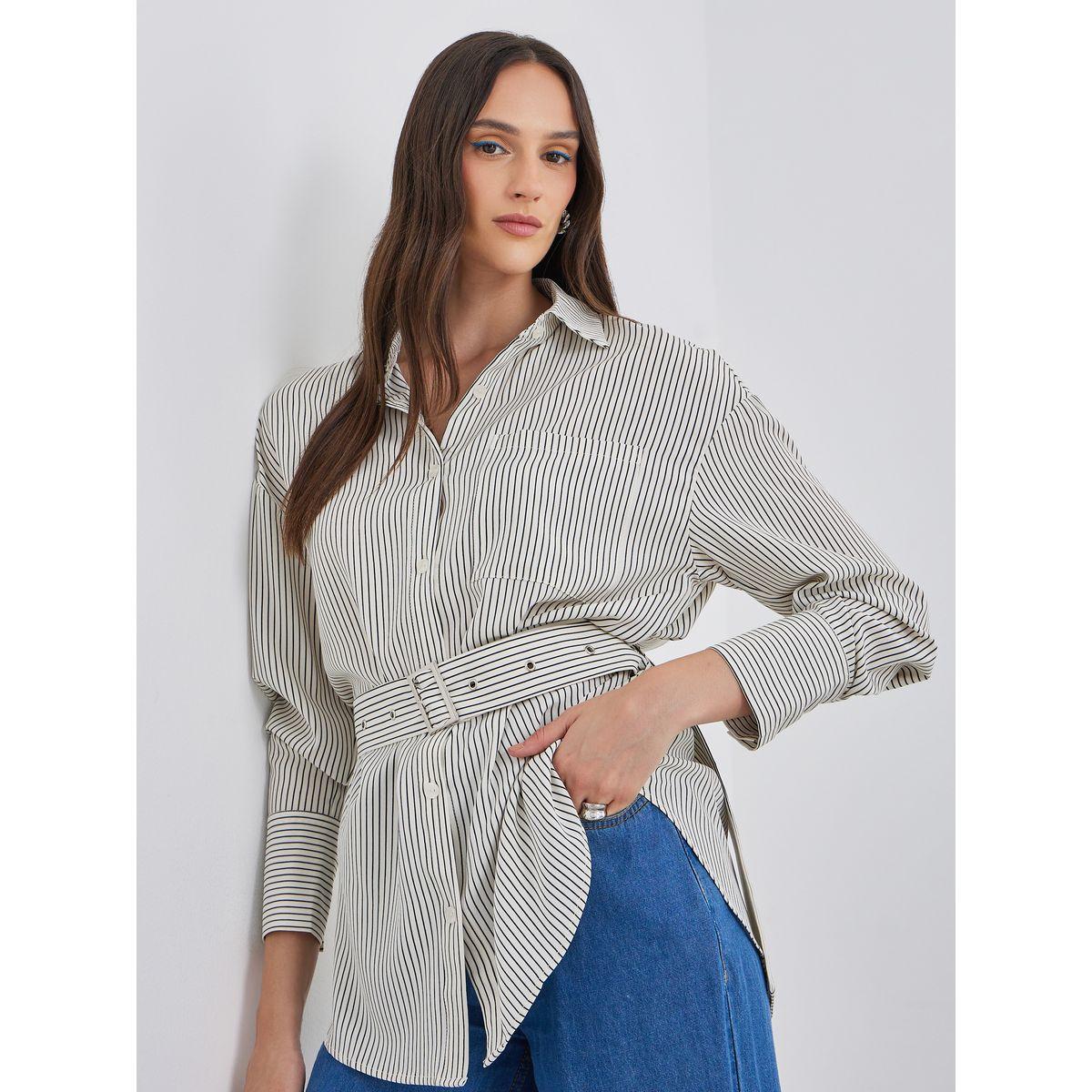 Styli Cream Striped Shirt with Belt-women-clothing-shirtsandblouses-shirts-image-1