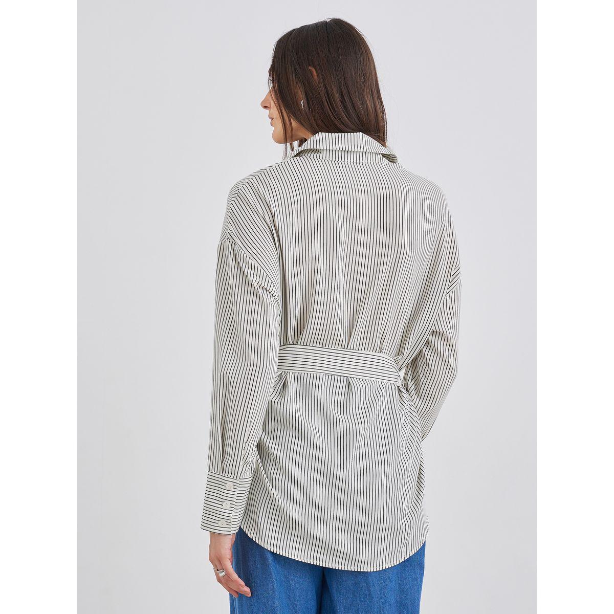 Styli Cream Striped Shirt with Belt-women-clothing-shirtsandblouses-shirts-image-4