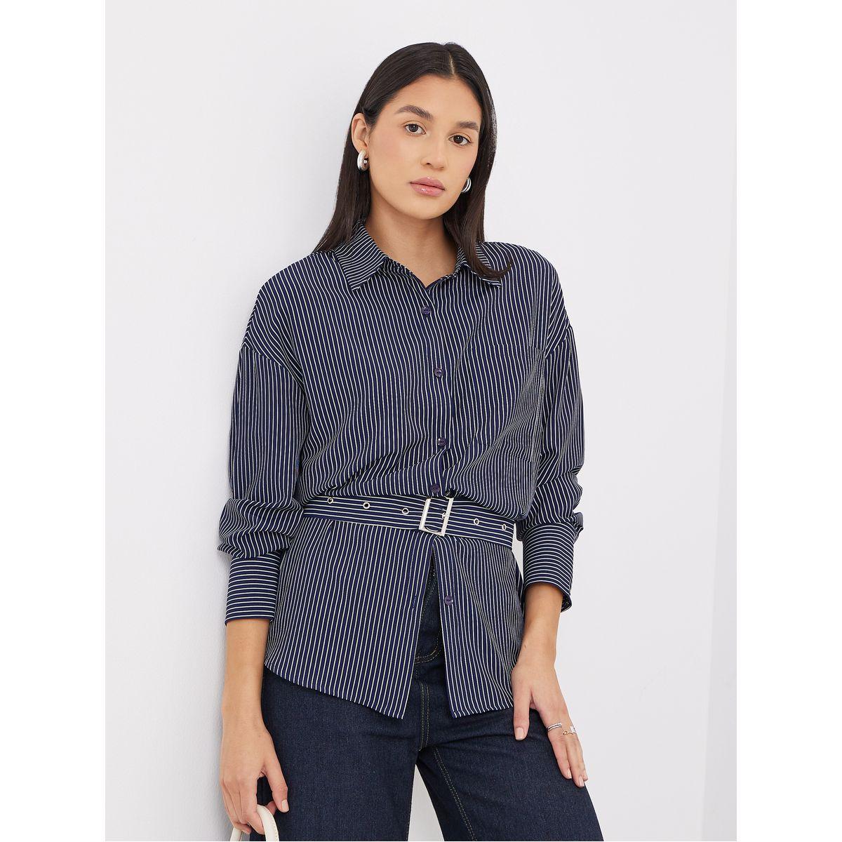 Styli Navy Blue Striped Shirt with Belt-women-clothing-shirtsandblouses-shirts-image-1