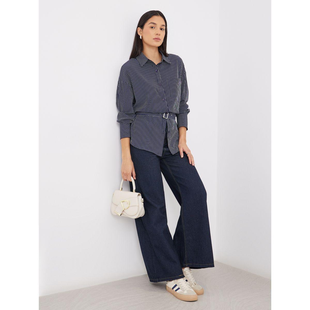 Styli Navy Blue Striped Shirt with Belt-women-clothing-shirtsandblouses-shirts-image-3