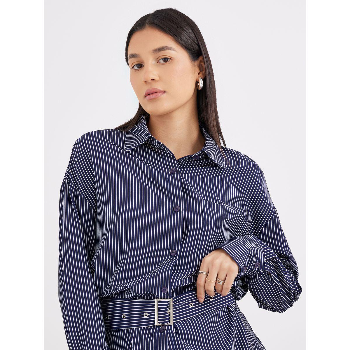 Styli Navy Blue Striped Shirt with Belt-women-clothing-shirtsandblouses-shirts-image-4