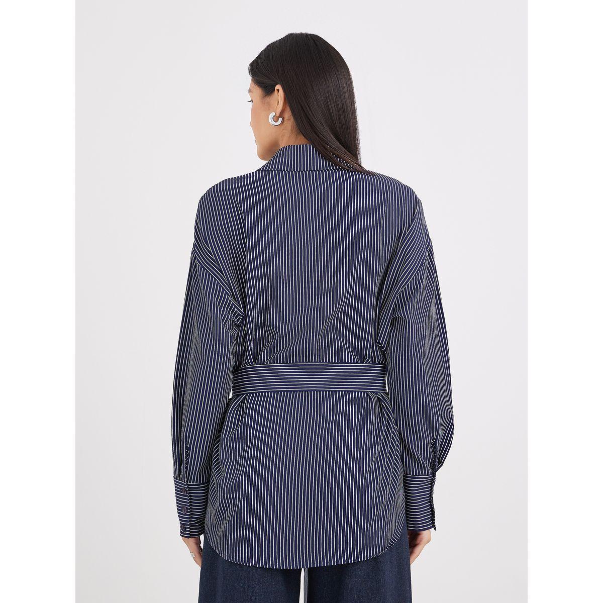 Styli Navy Blue Striped Shirt with Belt-women-clothing-shirtsandblouses-shirts-image-5