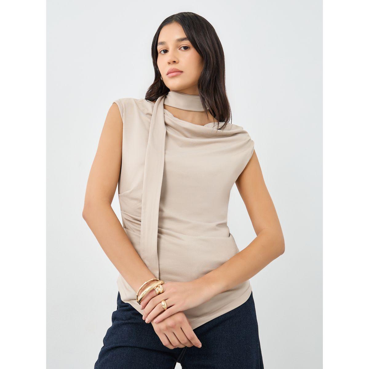 بلوزة سادة بلا أكمام بياقة منسدلة-women-clothing-shirtsandblouses-blouses-image-1