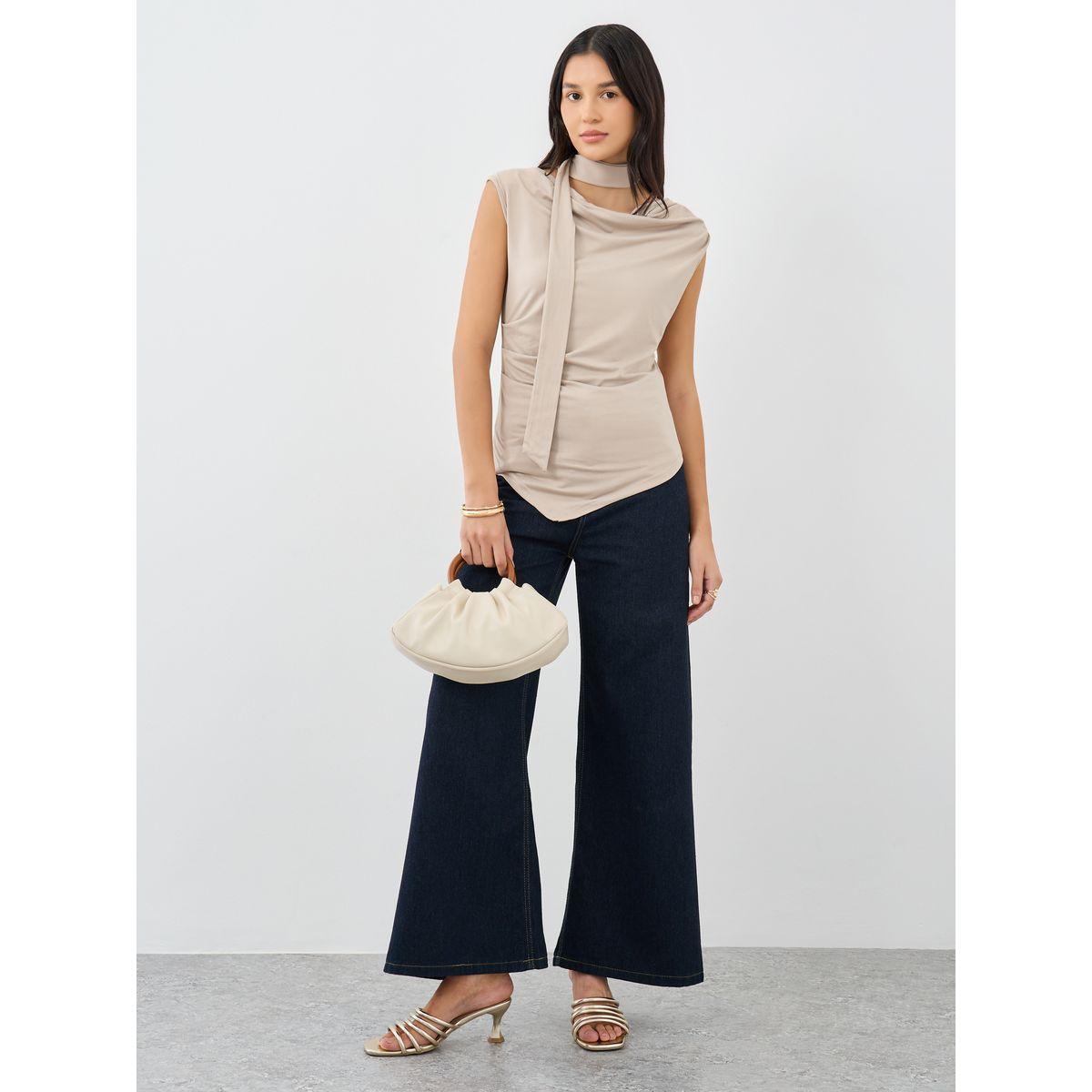 Styli Beige Front Draped Sleeveless Top-women-clothing-shirtsandblouses-blouses-image-2