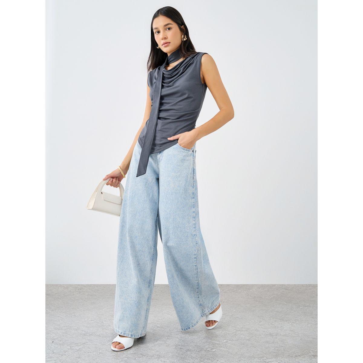 بلوزة سادة بلا أكمام بياقة منسدلة-women-clothing-shirtsandblouses-blouses-image-2