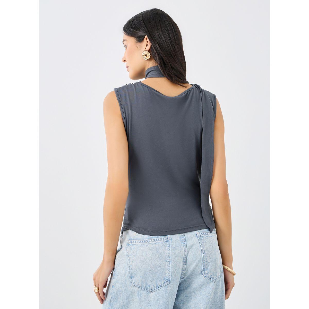 Styli Charcoal Front Draped Sleeveless Top-women-clothing-shirtsandblouses-blouses-image-4