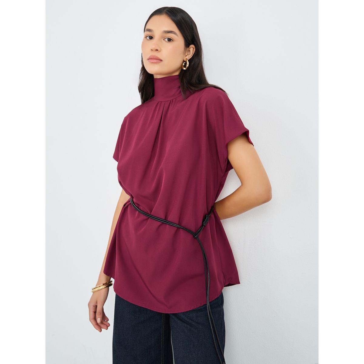 Styli Burgundy High Neck Blouse with Loop String Belt-women-clothing-shirtsandblouses-blouses-image-1