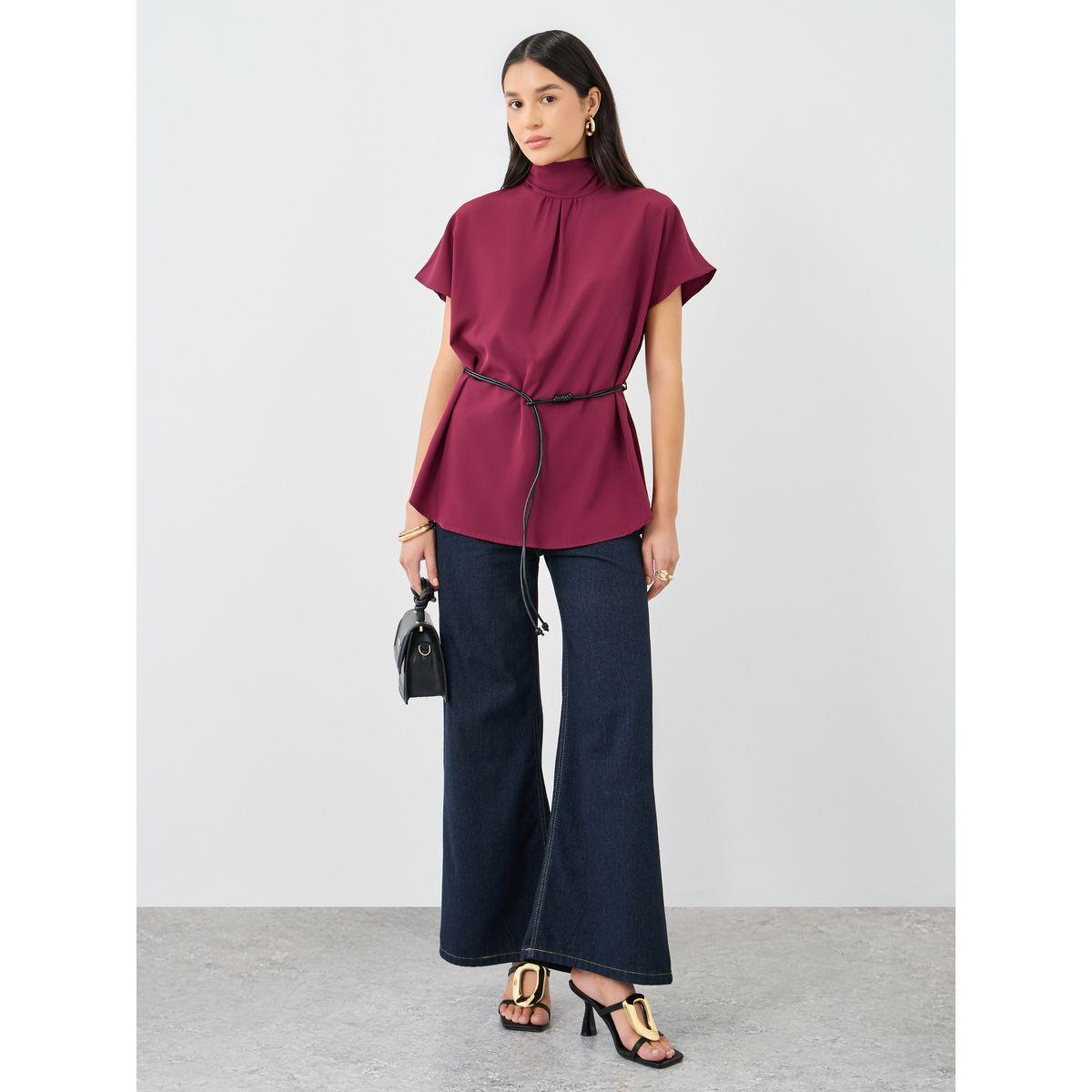 Styli Burgundy High Neck Blouse with Loop String Belt-women-clothing-shirtsandblouses-blouses-image-2
