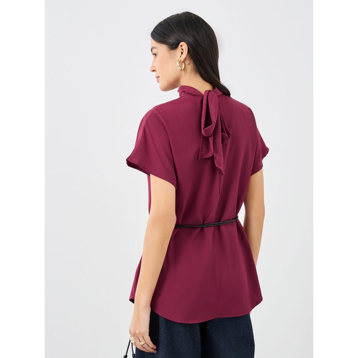 Styli Burgundy High Neck Blouse with Loop String Belt-women-clothing-shirtsandblouses-blouses-image-4
