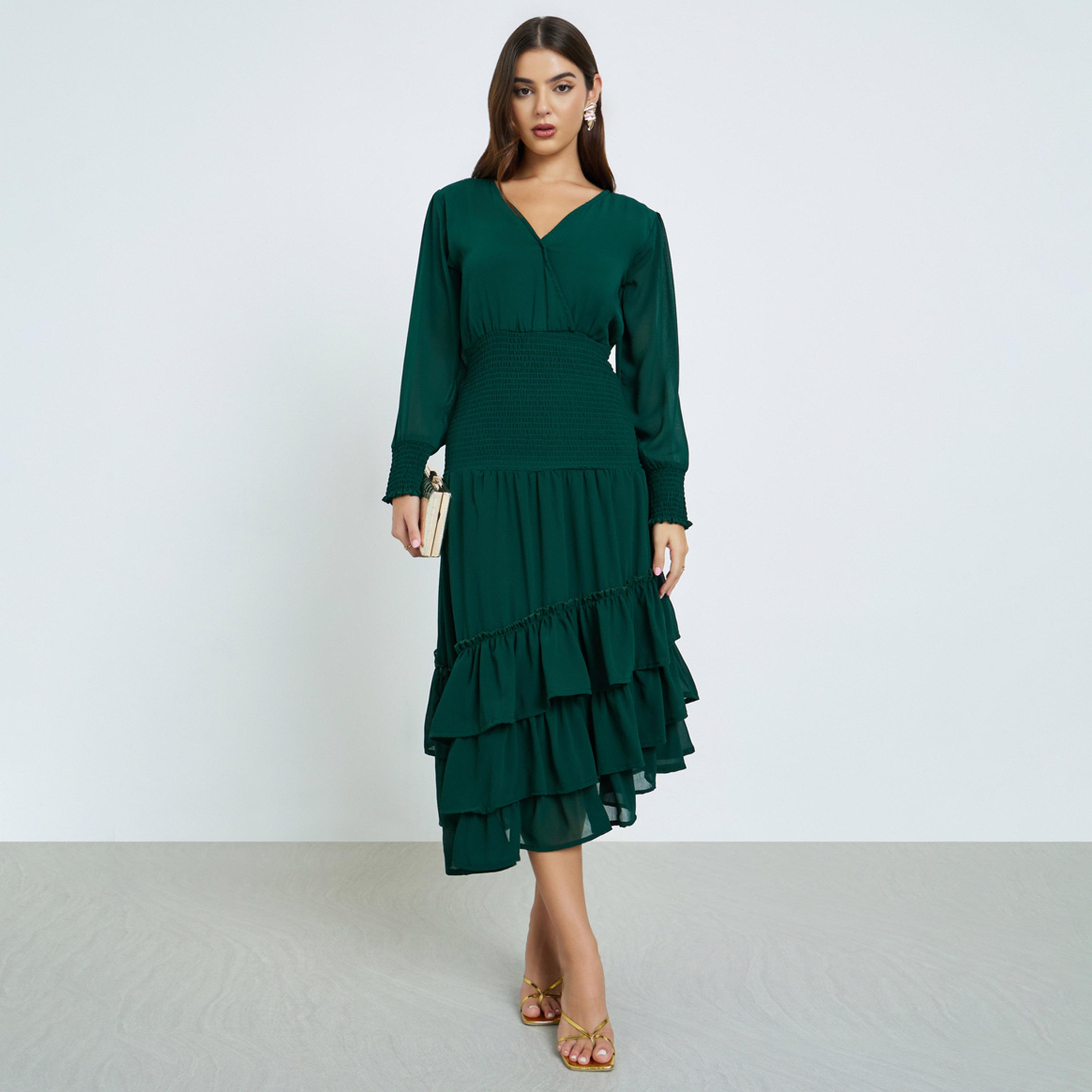 Maxim Creation 3 tiered dress in emarald green with Asymmetrical bottom-women-clothing-dresses-image-1