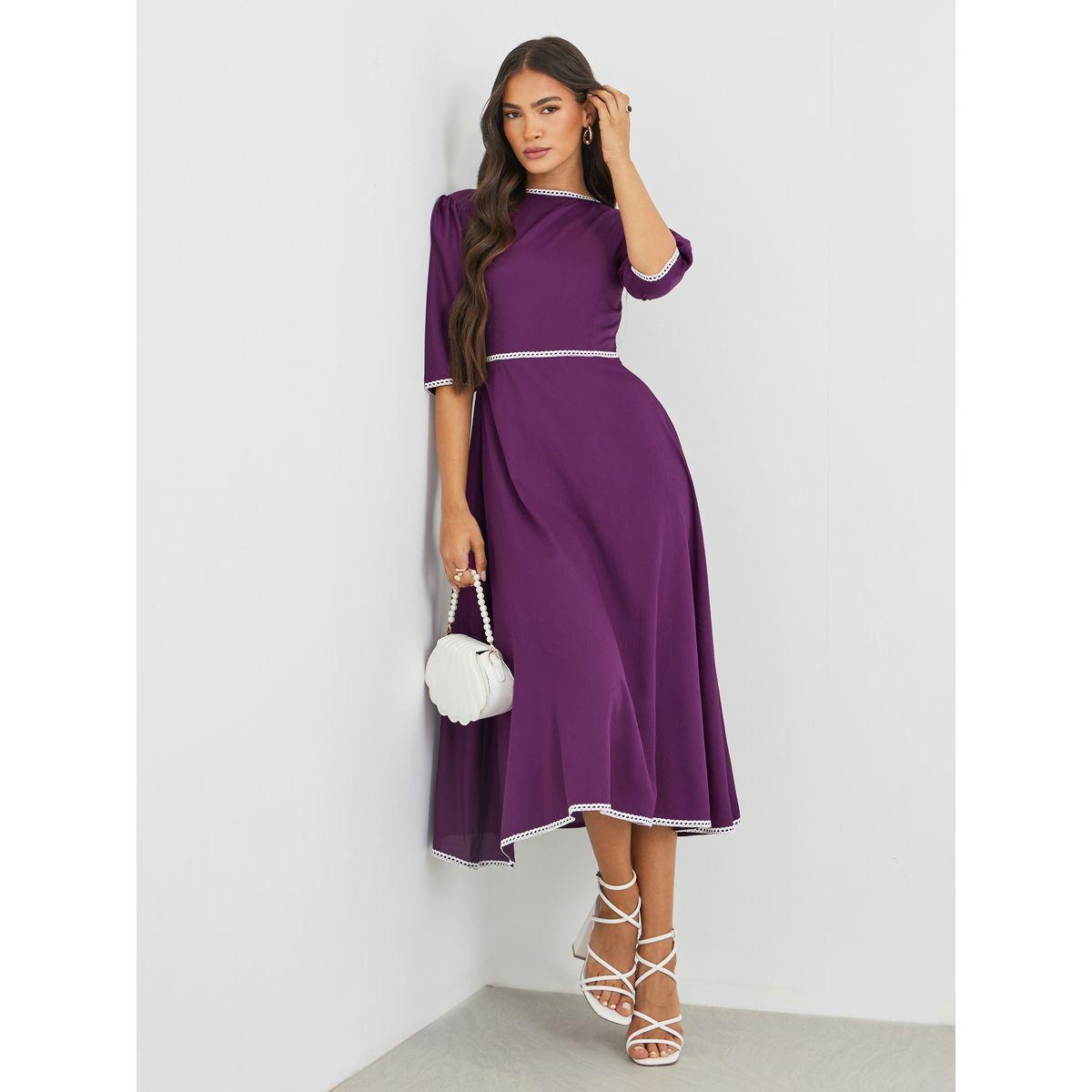 Maxim Creation Solid Boat Neck A-Line Dress with Lace Trim-women-clothing-dresses-image-1