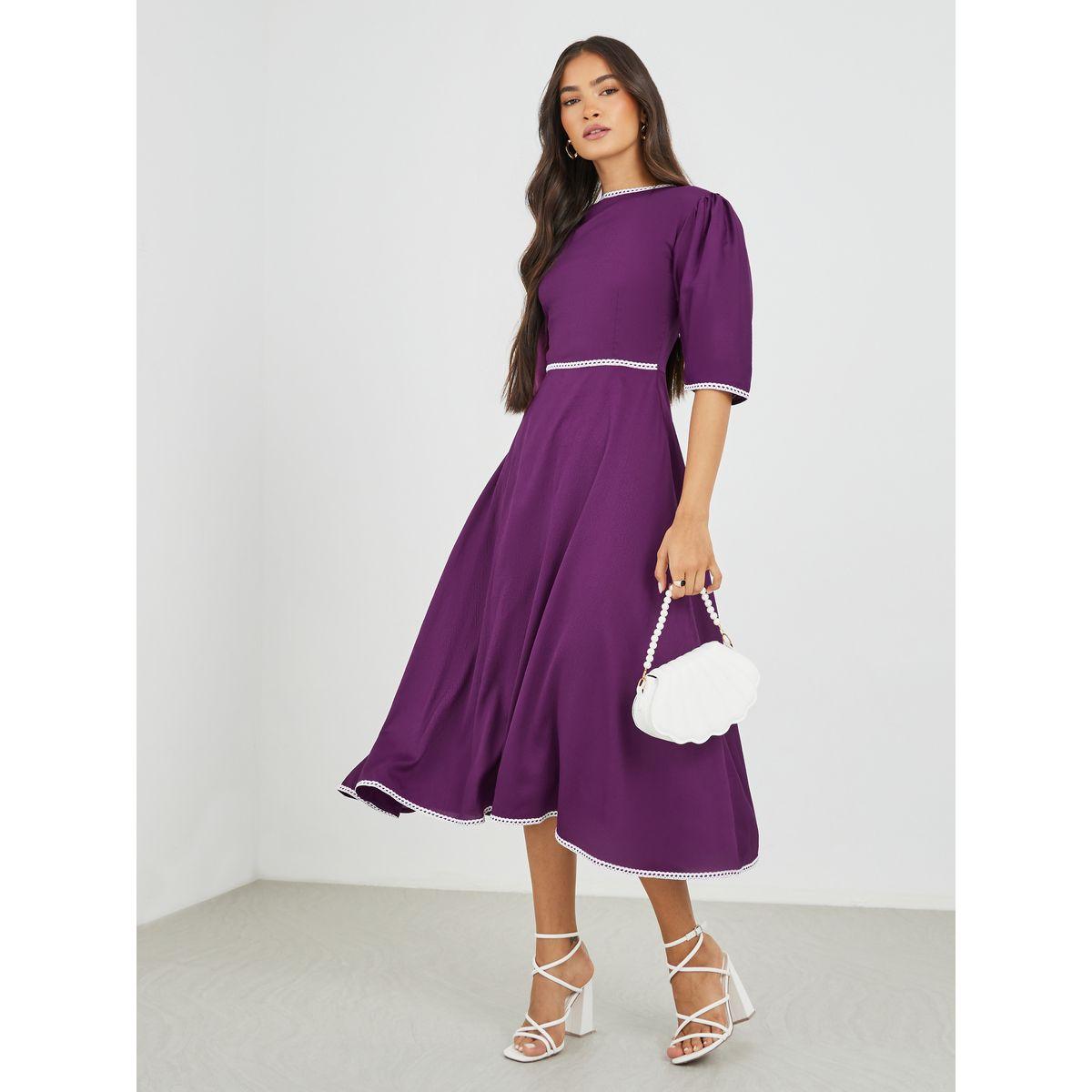 Maxim Creation Solid Boat Neck A-Line Dress with Lace Trim-women-clothing-dresses-image-2