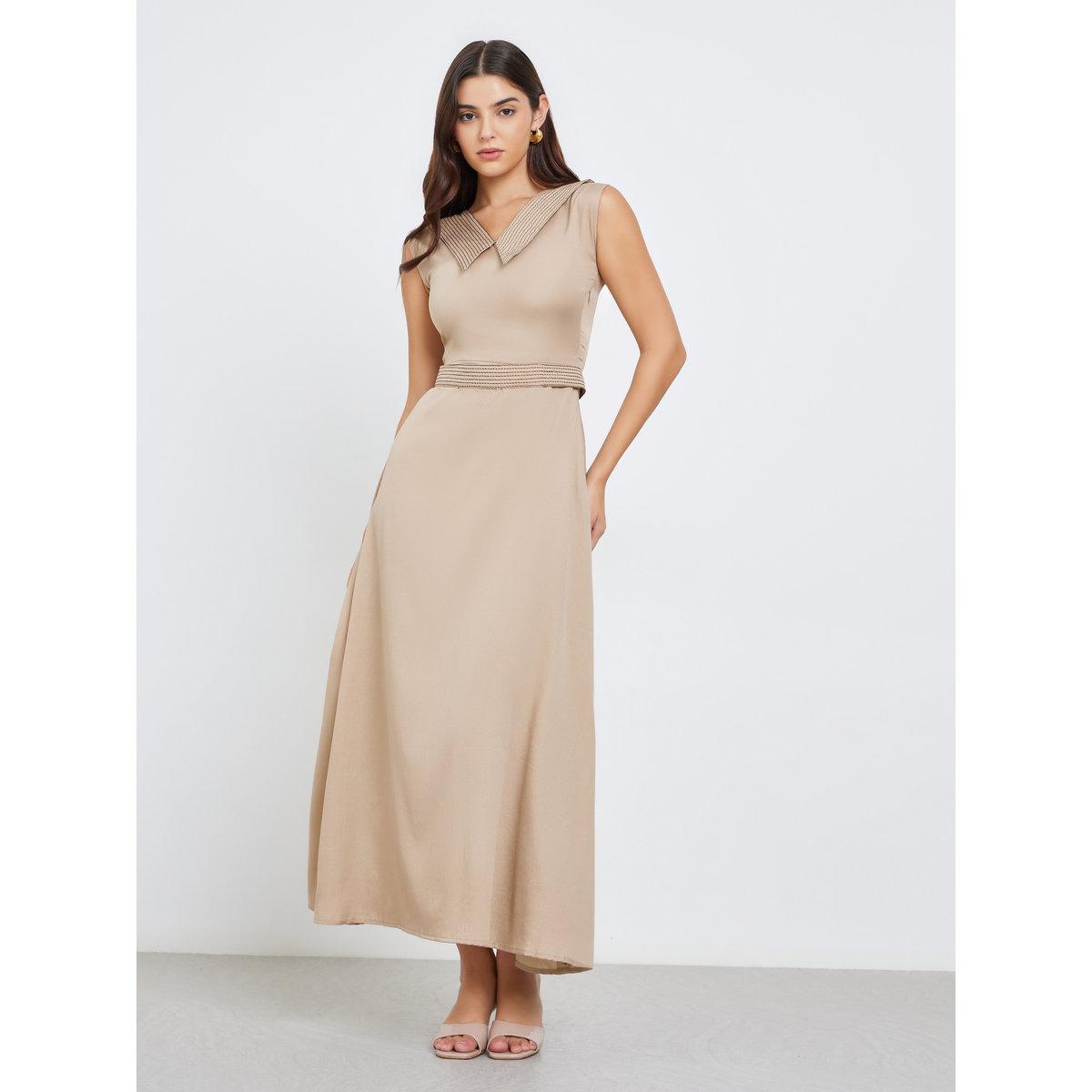 Maxim Creation Beige Maxi Dress with Tie Belt-women-clothing-dresses-image-2